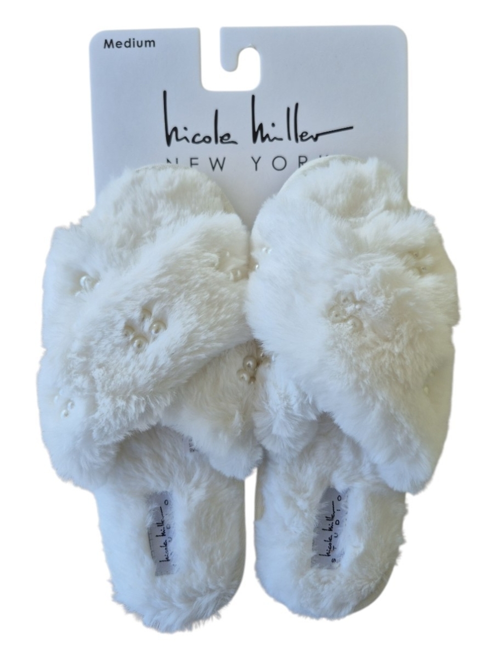 Nicole Miller White Fuzzy Pearl Embellished Faux Fur Slippers Medium NWT